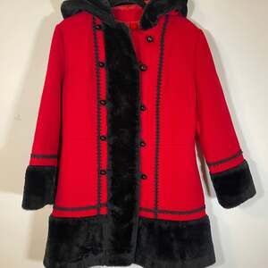 Vintage Sears Fashions Wool Hooded Coat - Red & Black Faux Fur Trim Tolstoy Goth